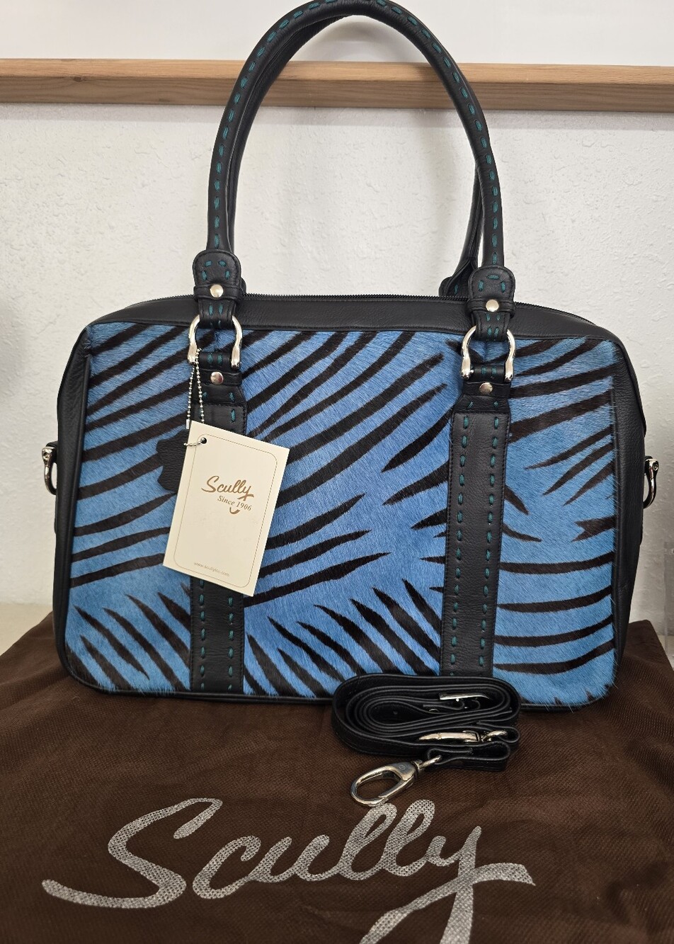 Scully NWT Women's Calf Hair Leather Slim Satchel Crossbody Bag Turquoise Black